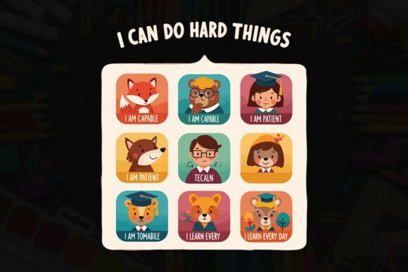 Positive Learning Habits Cartoon Grid: A Versatile Graphics Asset for T-Shirt Designs